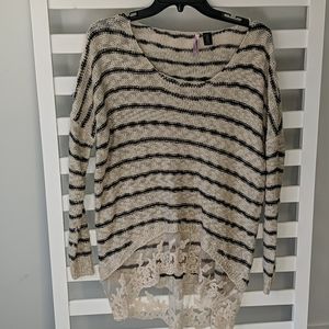 Striped Lace Fall Sweater - Cream and Black - Smal